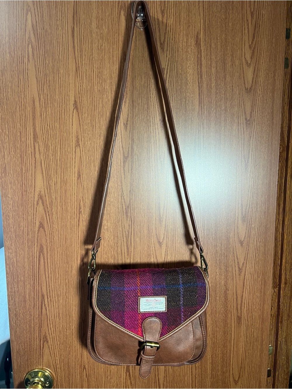 Harris Tweed Plaid Crossbody Satchel Brown Faux Leather Shoulder Bag Purple purs